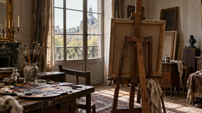 Chevalet, palette et pinceaux dans un atelier éclairé par une fenêtre