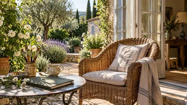 Fauteuil en rotin et matériel de peinture au bord d’un jardin lumineux