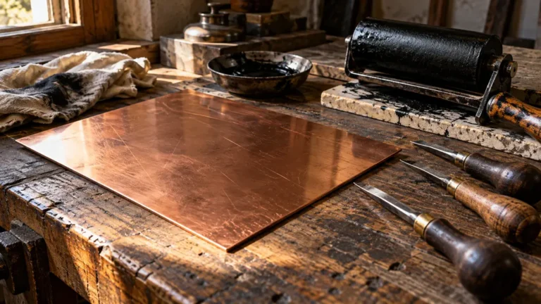 Plaque de cuivre vierge et outils de gravure sur un établi
