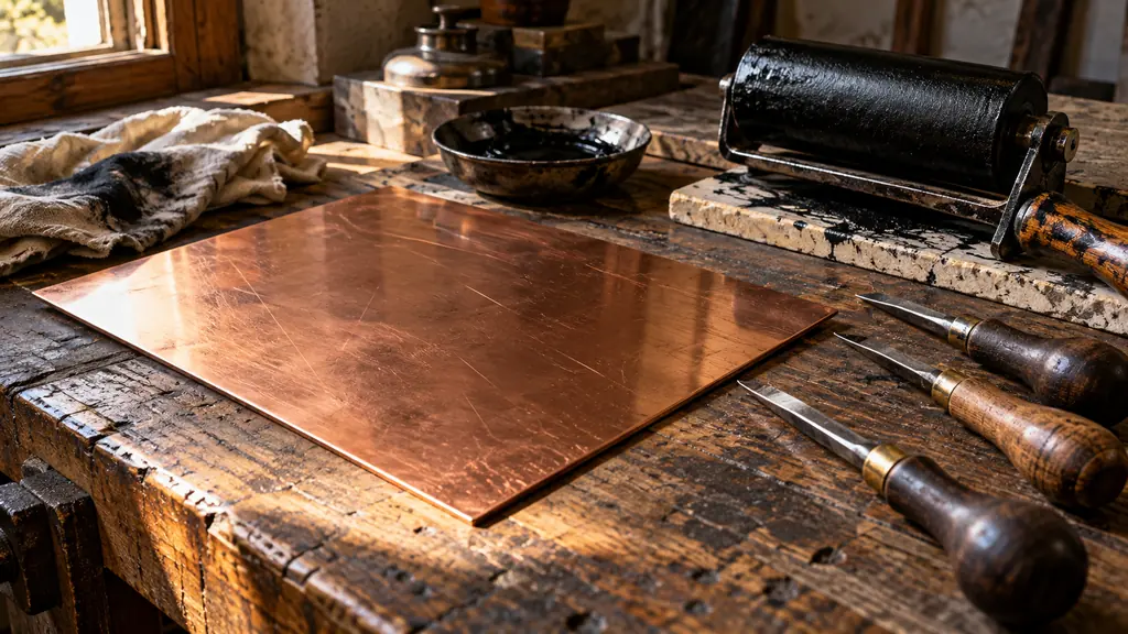 Plaque de cuivre vierge et outils de gravure sur un établi