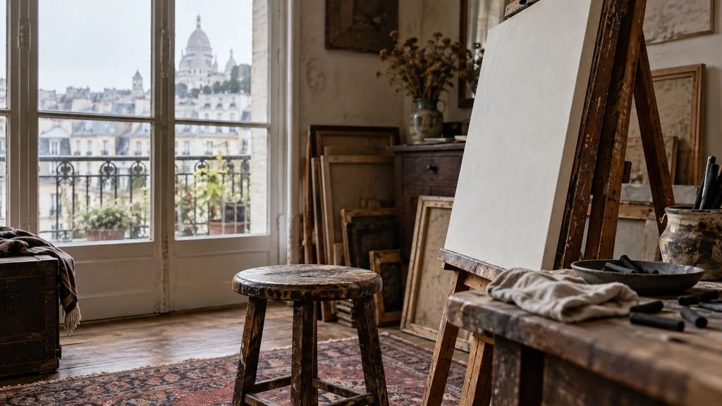 Toile vierge, tabouret et fusains dans un atelier donnant sur Montmartre