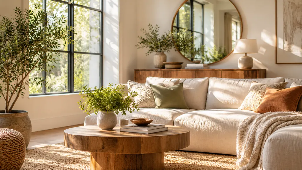 Salon moderne baigné de lumière naturelle avec grandes fenêtres, canapé beige, mobilier en bois et miroir mural reflétant la luminosité.