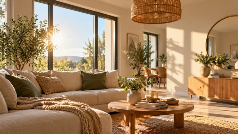Salon moderne et lumineux baigné de lumière naturelle grâce à de grandes baies vitrées, avec décoration chaleureuse et mobilier en bois.